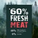 Tierfutteranzeige mit fettem Text: "60% FRISCHES FLEISCH," plus "40% Früchte, Gemüse & wertvolle Zutaten," und "0% Getreide."