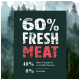 Tierfutteranzeige mit fettem Text: "60% FRISCHES FLEISCH," plus "40% Früchte, Gemüse & wertvolle Zutaten," und "0% Getreide."