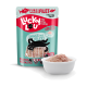 Beutel mit Lucky Lou reinem Thunfischfilet Katzenfutter mit einer Grafik einer schwarzen Katze, neben einer weißen Schüssel mit Thunfisch in Gelee.