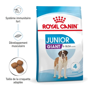 Sac de nourriture pour chiens Junior Giant de Royal Canin avec un Saint-Bernard, promouvant la santé immunitaire, la croissance musculaire et une taille de croquette adaptée.