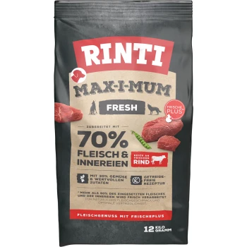 Sac de nourriture pour chiens Rinti Max-I-Mum Fresh, contenant 70 % de viande et d'abats, 30 % de légumes, recette sans céréales, poids de 12 kg.