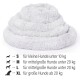 Ein weiches, flauschiges graues Hundebett im Spiraldesign, mit Größenetiketten, die die Eignung für kleine, mittlere und große Hunde anzeigen.