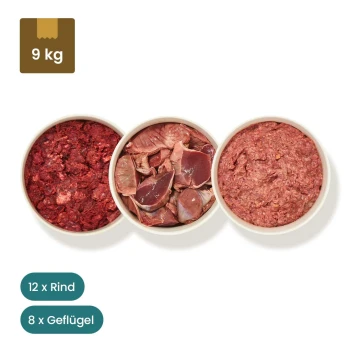 Drei vakuumversiegelte Packungen rohes Bio-Tierfutter mit Schalen voller Rind- und Geflügelfleisch, beschriftet mit „12x Rind“ und „8x Geflügel“.