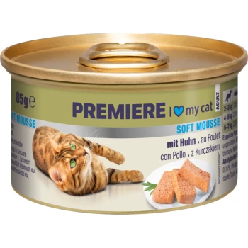 Katzenfutterdose mit einem goldenen Deckel, mit einer verspielten Katze auf dem Etikett, beschriftet mit "PREMIERE I love my cat" und "Soft Mousse mit Huhn."