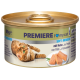 Katzenfutterdose mit einem goldenen Deckel, mit einer verspielten Katze auf dem Etikett, beschriftet mit "PREMIERE I love my cat" und "Soft Mousse mit Huhn."