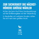 Blaues Sicherheitsetikett für Haustiere auf Deutsch: 'Zur Sicherheit die nächsthöhere Größe wählen'; kleines Hundesymbol und 'XS ≤ 5 lb ≤ 2 kg'.
