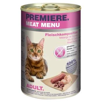 Eine Dose Premiere Meat Menu Katzenfutter mit einer Bengal-Katze auf dem Etikett. Der Text hebt '100% frisches Fleisch' und 'getreidefreie Formel' hervor.