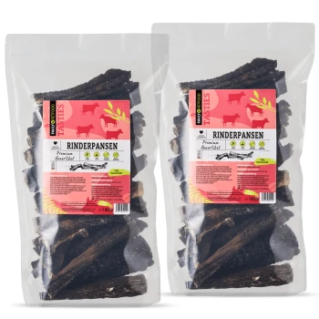 Rinderpansen 2 kg Zwei transparente Beutel mit Hundeleckerlis, die mit "Rinderpansen" beschriftet sind, in einem pink-weißen Design, das hochwertige Rindfleischsnacks präsentiert.