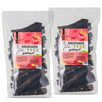 Zwei transparente Beutel mit Hundeleckerlis, die mit "Rinderpansen" beschriftet sind, in einem pink-weißen Design, das hochwertige Rindfleischsnacks präsentiert.
