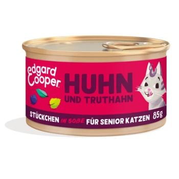 Edgard Cooper Katzenfutterdose mit einem bunten Design, beschriftet mit "Huhn und Truthahn" für Seniorenkatzen, 85 g, mit einer verspielten Katzenillustration.