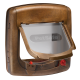 PetSafe Haustür mit einem bronzenen Rahmen und einer transparenten Klappe, mit einem roten Verriegelungsmechanismus am Boden.