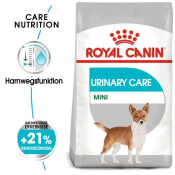 Royal Canin Urinary Care Mini Hundefutterbeutel mit einer Illustration eines kleinen Hundes, mit Text, der die Vorteile der Pflegeernährung und der Harnfunktion hervorhebt.