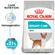 Royal Canin Urinary Care Mini Hundefutterbeutel mit einer Illustration eines kleinen Hundes, mit Text, der die Vorteile der Pflegeernährung und der Harnfunktion hervorhebt.