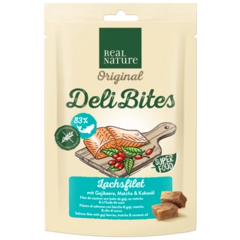 Real Nature Deli Bites packaging features salmon fillet with goji berries, matcha, and coconut oil, highlighting "83%," "Super Food," and "Lachsfilet."