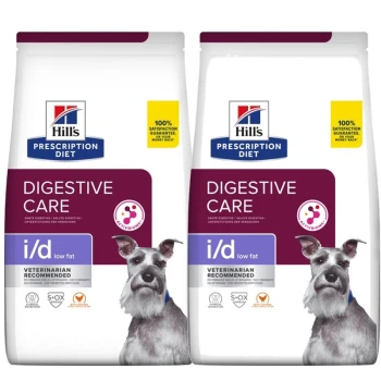 Sacs de nourriture pour chiens Hill's Prescription Diet i/d Digestive Care faible en matières grasses, avec une étiquette recommandée par un vétérinaire et une garantie de satisfaction.