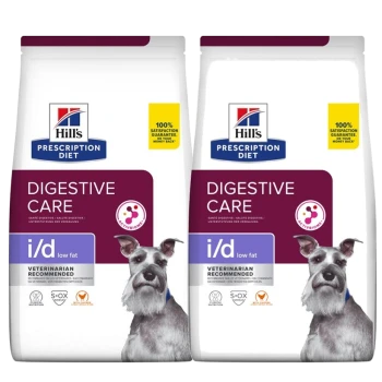 Hill's Prescription Diet i/d Digestive Care fettarme Hundefutterbeutel, mit einem vom Tierarzt empfohlenen Etikett und einer Zufriedenheitsgarantie.