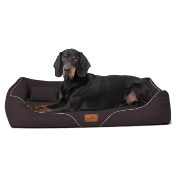 Ein schwarz-brauner Hund, der auf einem dunkelbraunen Haustierbett mit weißer Paspelierung liegt, mit einem kleinen Kissen und einem Holzschild mit der Aufschrift 'tierlando'.