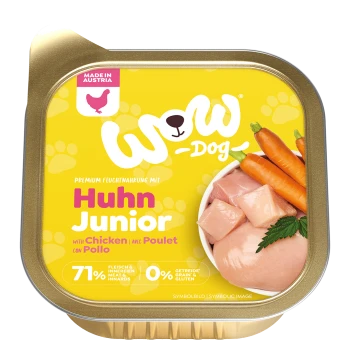 Żółte opakowanie mokrej karmy dla psów Wow Dog Junior z kurczakiem i marchewką, 71% mięsa, bez zbóż i glutenu.