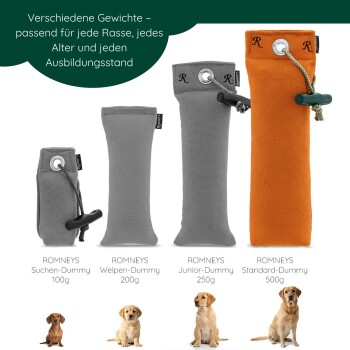 ROMNEYS Apportierdummys für Hunde (100 g, 200 g, 250 g, 500 g) mit Seilen; deutsche Überschrift 'Verschiedene Gewichte'.