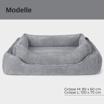 Graues Haustierbett mit erhöhten Rändern, erhältlich in den Größen M (80x60 cm) und L (100x70 cm). Der Text lautet "Modelle" und enthält Größenangaben.