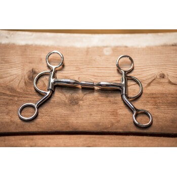 Ein glänzendes Edelstahl-Pferdegebiss mit zwei Ringen auf jeder Seite, das auf einer Holzoberfläche ruht.