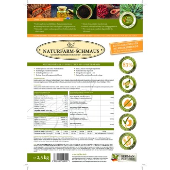 Haustierfutterverpackung für "Naturfarm-Schmaus" mit 83% Insektenprotein, getreidefrei, 2,5 kg, geeignet für allergieanfällige Hunde.