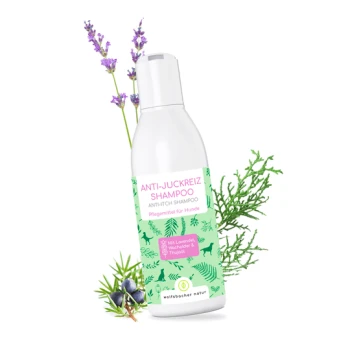 Flasche mit Anti-Juckreiz-Shampoo für Hunde, beschriftet mit "ANTI-JUCKREIZ SHAMPOO", mit Lavendel- und Kräuterillustrationen.