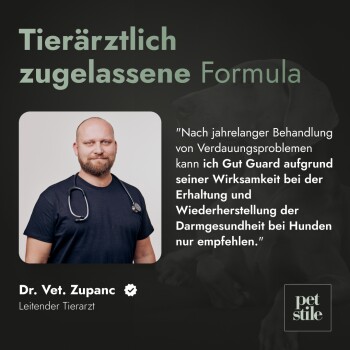 Dr. Vet. Zupanc empfiehlt "Gut Guard" für die Verdauungsgesundheit von Hunden und hebt die Wirksamkeit zur Erhaltung des Darmwohlbefindens hervor.