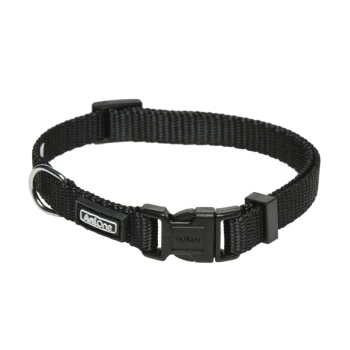 Schwarzes verstellbares Haustierhalsband mit einer Kunststoffschnalle und einem Metall-D-Ring zur Leinenbefestigung.