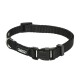 Black adjustable pet collar with a plastic buckle and metal D-ring for leash attachment.