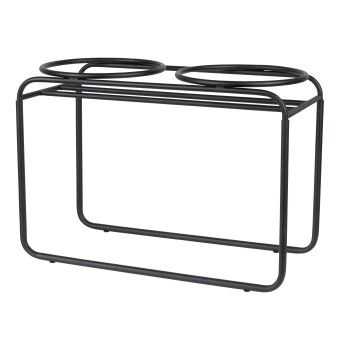 Schwarze Metall-Futterstation für Haustiere mit zwei runden Schalen.