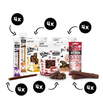 Verschiedene Lucky Jim Hundesnacks: Beutel, Sticks und Würfel mit mehreren schwarzen '4x'-Symbolen zur Mengenangabe.