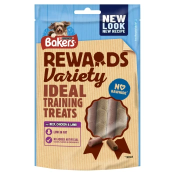 Mixed Variety Rewards 100 g Bakers Rewards training treats packaging shows a dog and highlights "No Rawhide," "Low in Fat," and "No Artificial Additives."
