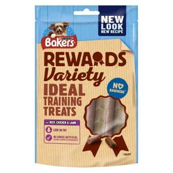 Bakers Rewards training treats packaging shows a dog and highlights "No Rawhide," "Low in Fat," and "No Artificial Additives."