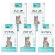 Fünf Boxen "optipet SPOT ON ANTIPARASITE" mit einer grauen Katze, mit mehrsprachigem Text zum Schutz vor Flöhen, Zecken und Milben.