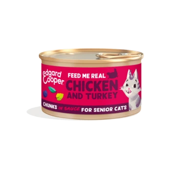 Can of Edgard Cooper cat food, pink label 'Feed Me Real CHICKEN & TURKEY', chunks in sauce for senior cats, cat illustration