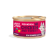 Can of Edgard Cooper cat food, pink label 'Feed Me Real CHICKEN & TURKEY', chunks in sauce for senior cats, cat illustration