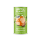 Green Planet von FRED vegane Haustiersnacks-Dose mit einem Globusdesign, mit dem Text "Vegane Snacks Kürbis & Karotte" und einem Snackstück.