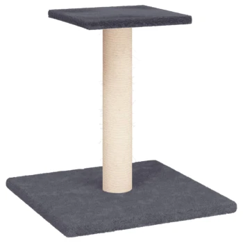 Grauer Katzenbaum mit zwei Plattformen und einem mit Sisal umwickelten Kratzbaum in der Mitte.