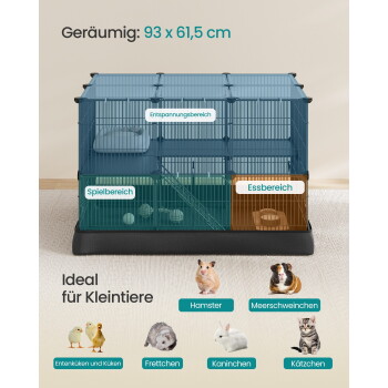 Mehrstöckiger Kleintierkäfig, geräumig 93 × 61,5 cm; beschriftete Ruhe-, Spiel- und Fütterbereiche; ideal für Kleintiere.