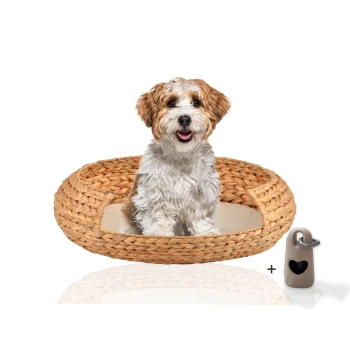 ® runder Hundekorb aus geflochtener Wasserhyazinthe, Hundesofa für kleine, mittelgroße und große Hunde Ein flauschiger Hund sitzt in einem runden, geflochtenen Haustierbett mit einem weichen Kissen, begleitet von einem kleinen grauen Accessoire mit einem Herz-Ausschnitt.