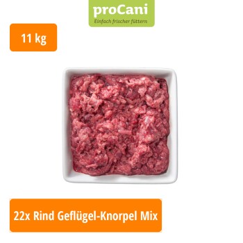 Verpackte rohe Rind- und Geflügelgrätenmischung für Hunde, beschriftet mit 'proCani buy nature', mit Nährwertinformationen und einer Menge von 22x.