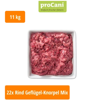Verpackte rohe Rind- und Geflügelgrätenmischung für Hunde, beschriftet mit 'proCani buy nature', mit Nährwertinformationen und einer Menge von 22x.