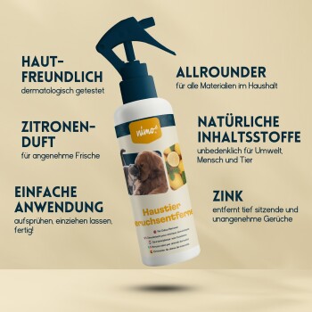 Zitronenduftendes Haustiergeruchsentfernerspray mit Hundebild, das Hautfreundlichkeit, natürliche Inhaltsstoffe und einfache Anwendung betont.