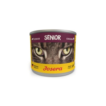 Sechs Dosen Josera Senior Katzenfutter in einem gelben Kartonständer, mit einer Grafik eines Katzenauges, beschriftet mit "Huhn" und "Getreidefrei."