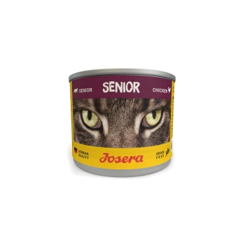 Sechs Dosen Josera Senior Katzenfutter in einem gelben Kartonständer, mit einer Grafik eines Katzenauges, beschriftet mit "Huhn" und "Getreidefrei."