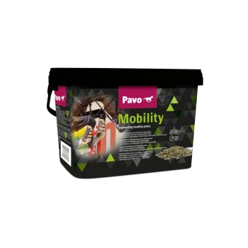 Pavo Mobility Pferdeergänzungsfutter-Eimer mit der Aufschrift "Mobility" und "unterstützt gesunde Gelenke" sowie Bildern eines Pferdes und wichtiger Zutaten.