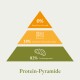 Illustration einer Proteinpyramide, die 0% Getreideprotein, 18% Obst- und Gemüseprotein und 82% Insektenprotein zeigt, mit der Beschriftung "Protein-Pyramide."