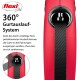 Rote flexi ausziehbare Hundeleine mit einem 360°-Gurtsystem, mit Text, der ihr verwicklungsfreies Design und ihre Funktionalität hervorhebt.