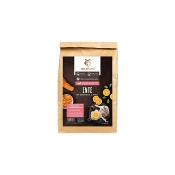 Braune Papiertüte mit Hundefutter, beschriftet mit 'WILDFANG ENTE mit Süßkartoffel & Orange', mit Bildern von Süßkartoffeln und Orangen, 6 kg.